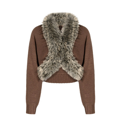 Faux-Fur Collar Cropped Knit Cardigan