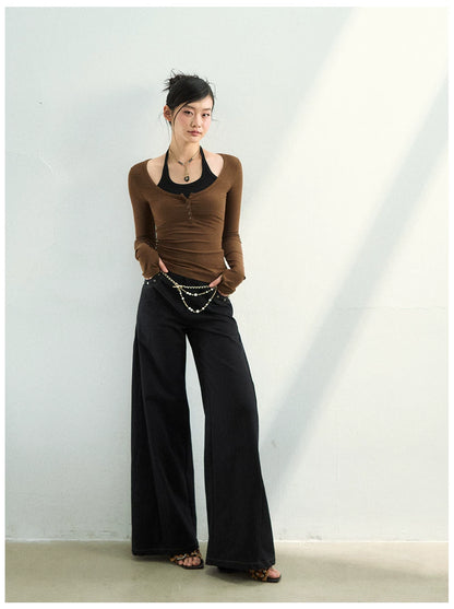 Wave-Embroidered Wide-Leg Straight Pants
