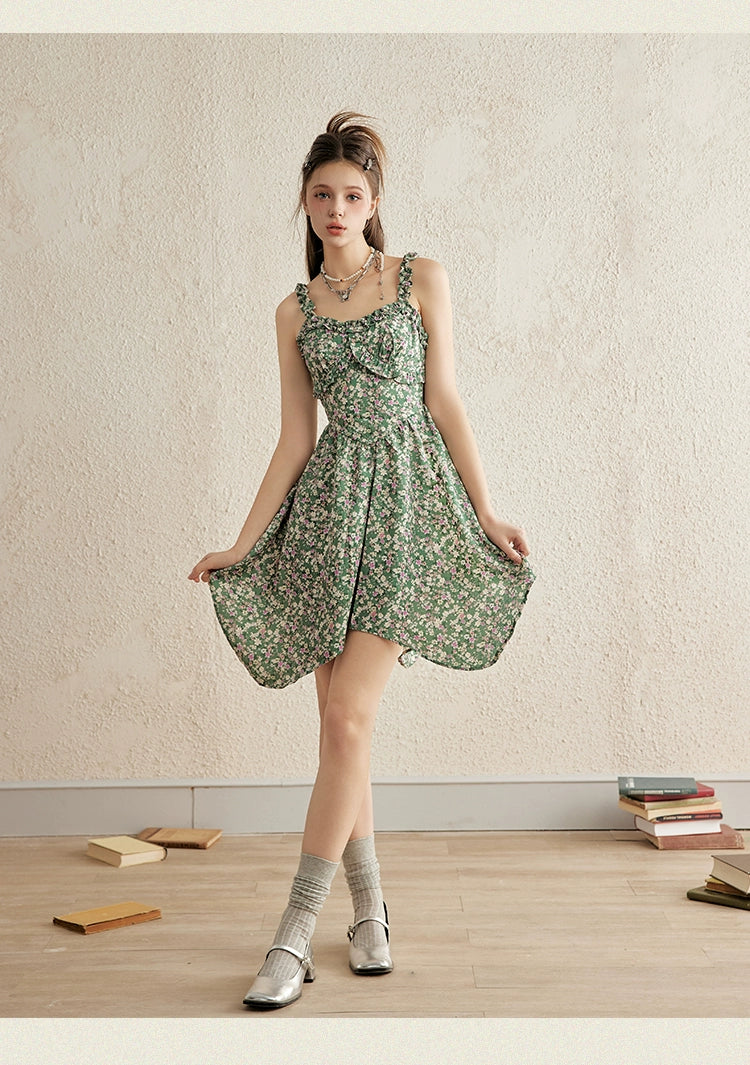 Green Floral Spaghetti Strap Dress