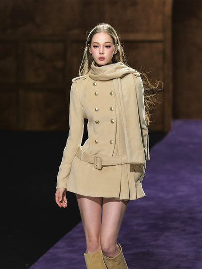 Wool-Blend Scarf Collar Double-Breasted Dress