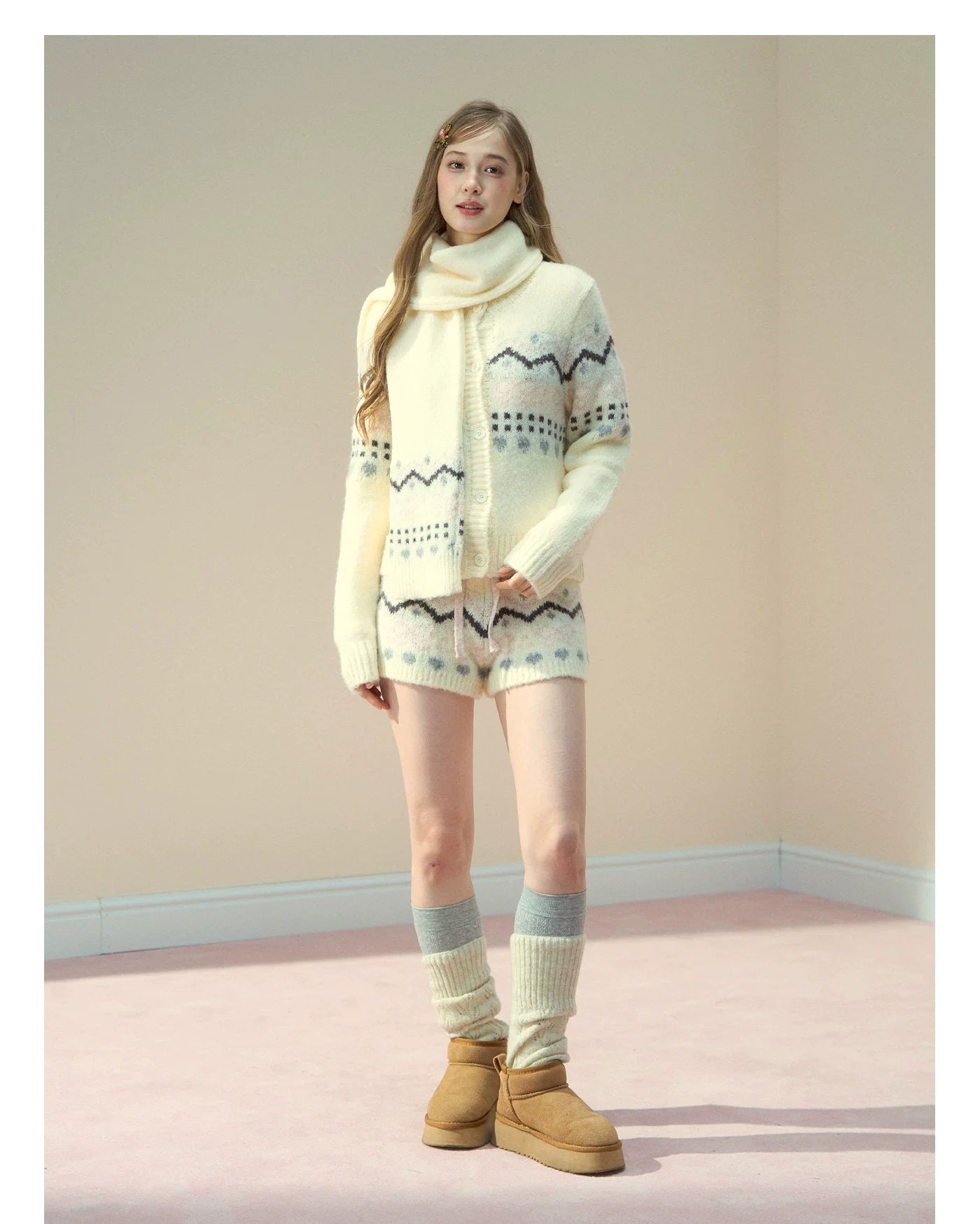 Fair Isle Knit Cardigan &amp; Shorts &amp; Scarf