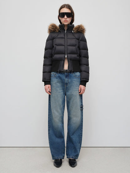 90% White Duck Fur Collar Cropped Down Jacket