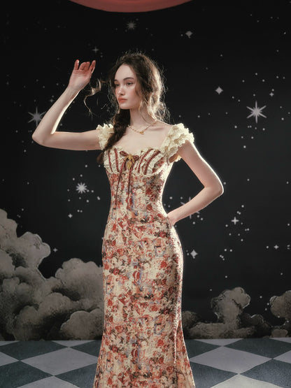 Vintage Lace-Patchwork Floral Mermaid Dress