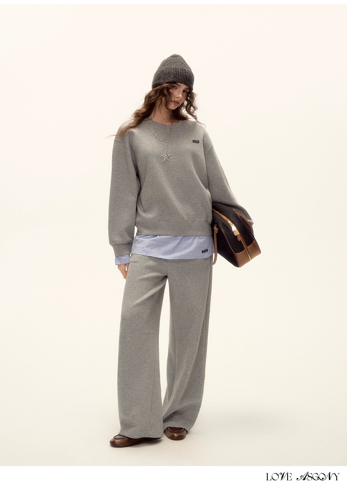Patchwork Sweatshirt &amp; Curved-Hem Knit Pants Set
