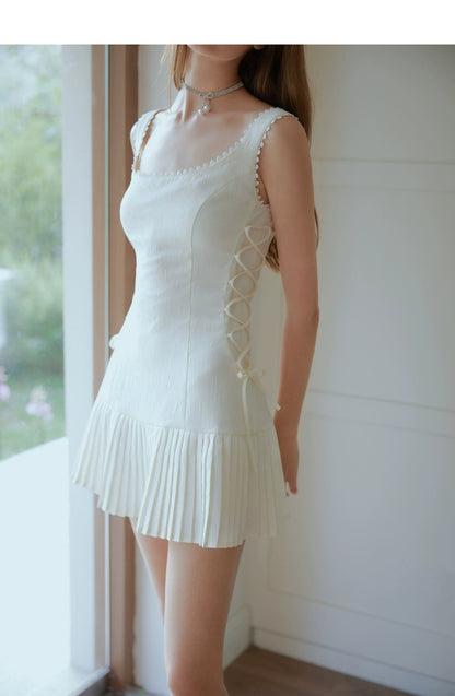 White Lace Square Neck Spaghetti Strap Dress