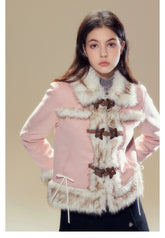 Pink Suede Butterfly Horn Button Shearling Coat - CHINASQUAD