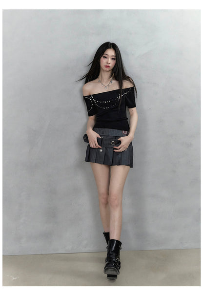 Black Pearl Knitted One-shoulder Short Sleeve