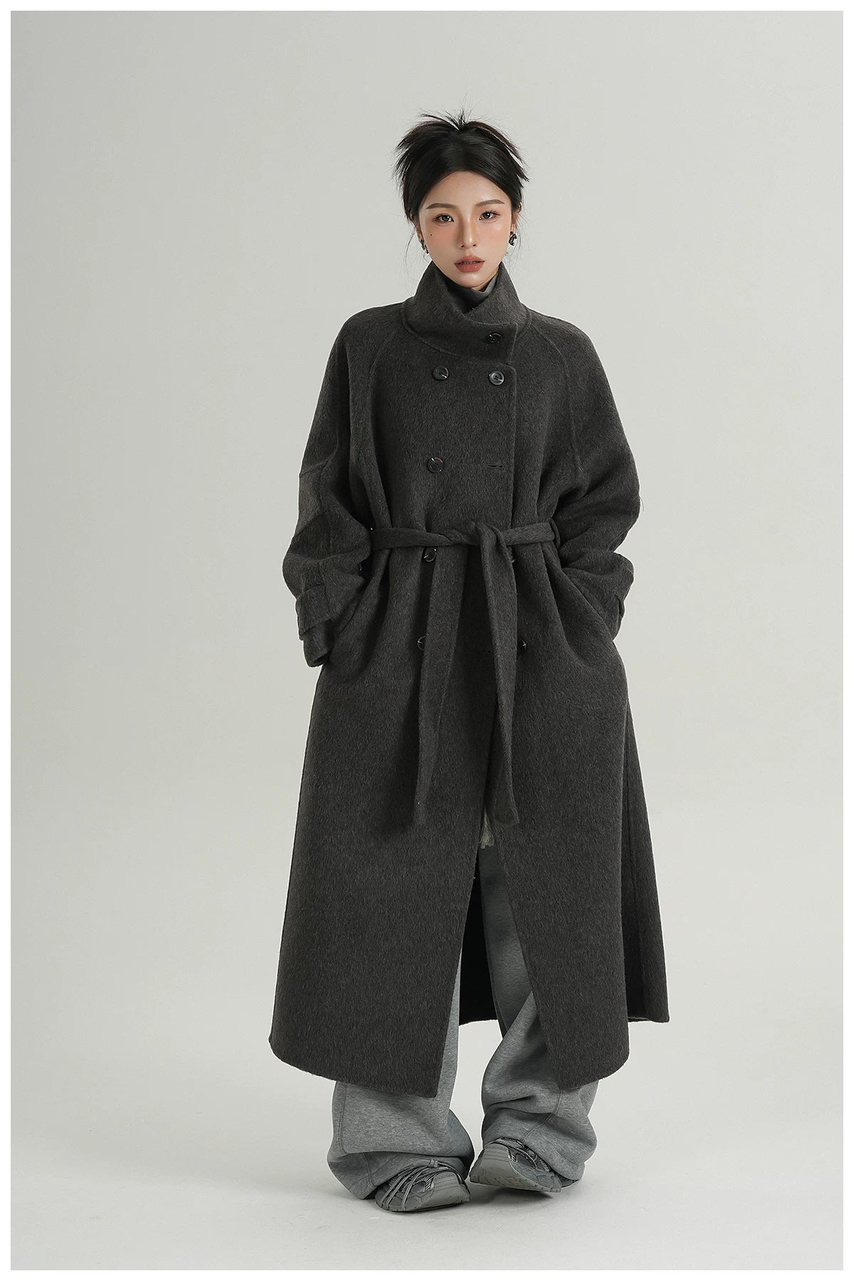 Stand-Collar Long Wool Coat