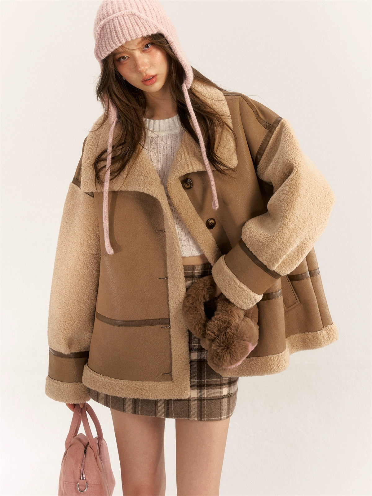 Color Block &amp; Striped Faux Lamb Wool Coat