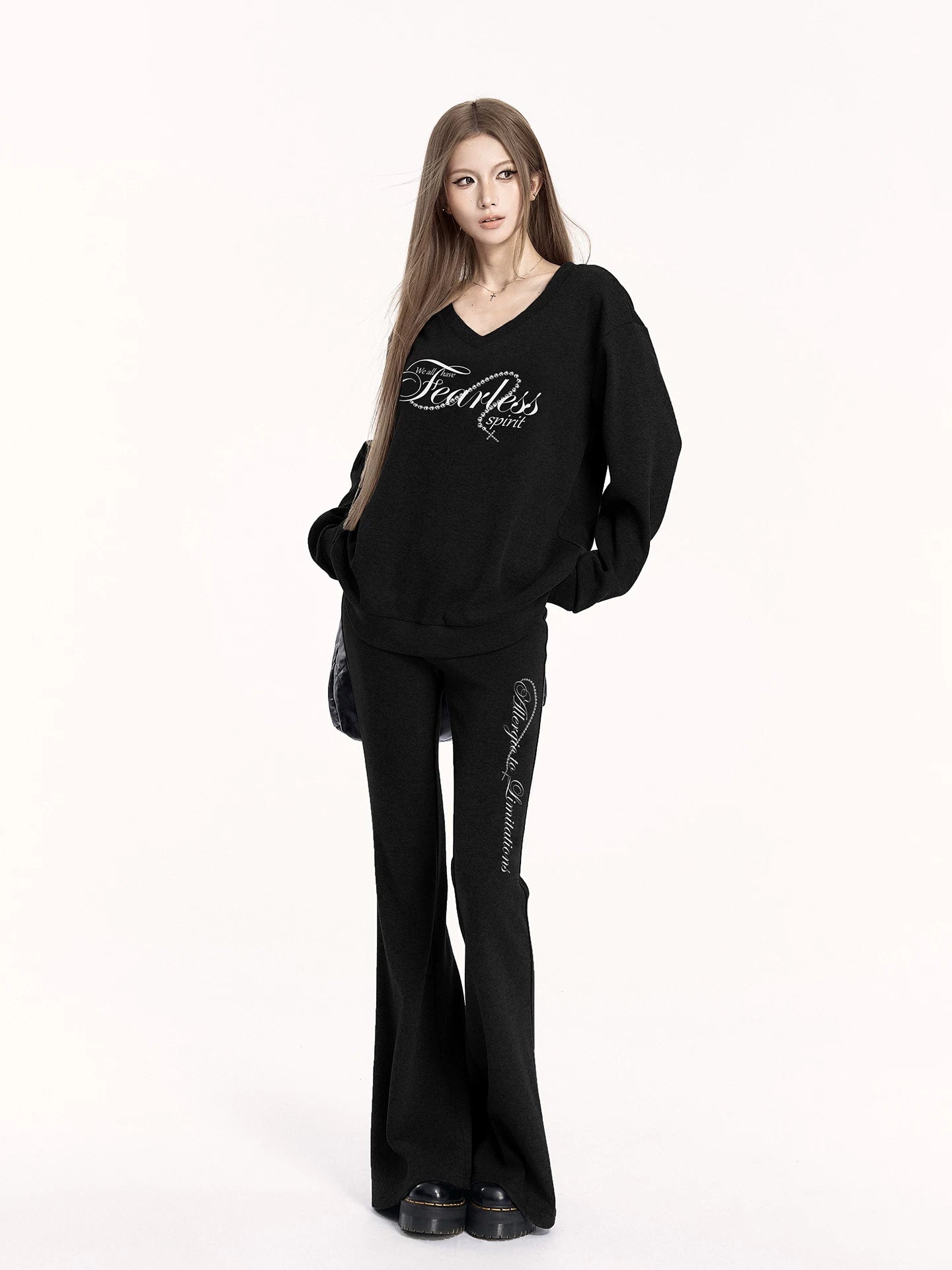 V-Neck Sweatshirt &amp; Flared Pants Set