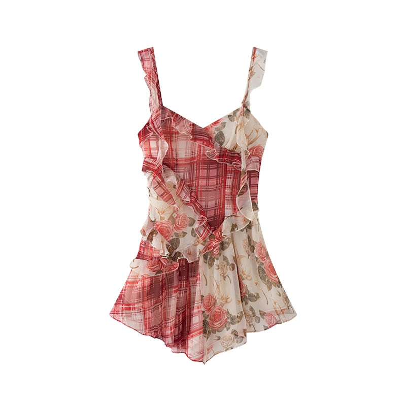 Red Plaid Rose Floral Dress