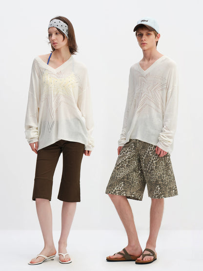 Cotton Hollow Star V-Neck Knit Cardigan