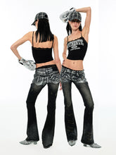 Black Embroidered Silver-Stamped Flared Jeans - CHINASQUAD