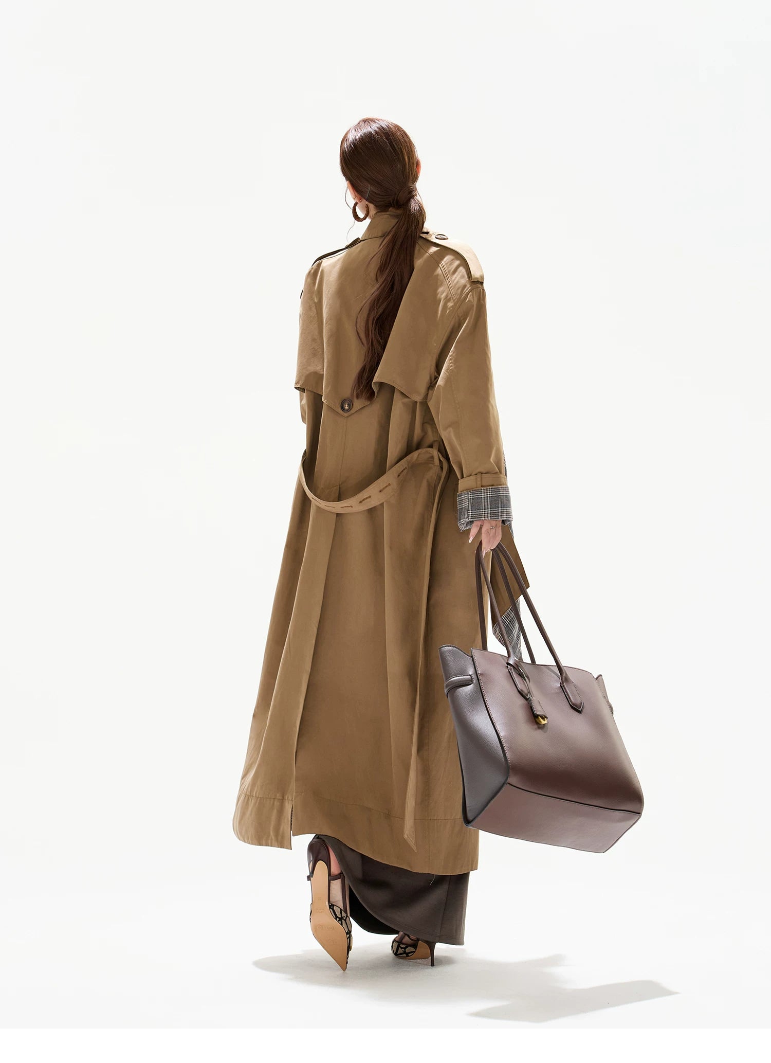 Double-Breasted Check-Panel Trench Coat