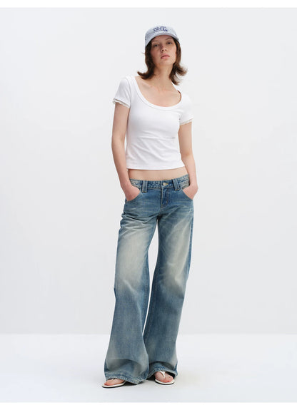 Vintage Washed Low-Rise Flared Denim Jeans