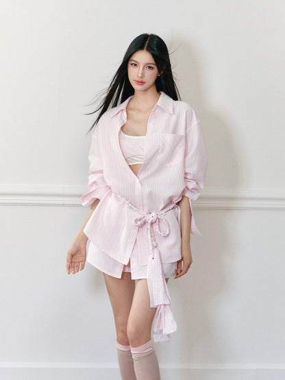 Pink Oversized Striped Shirt - CHINASQUAD