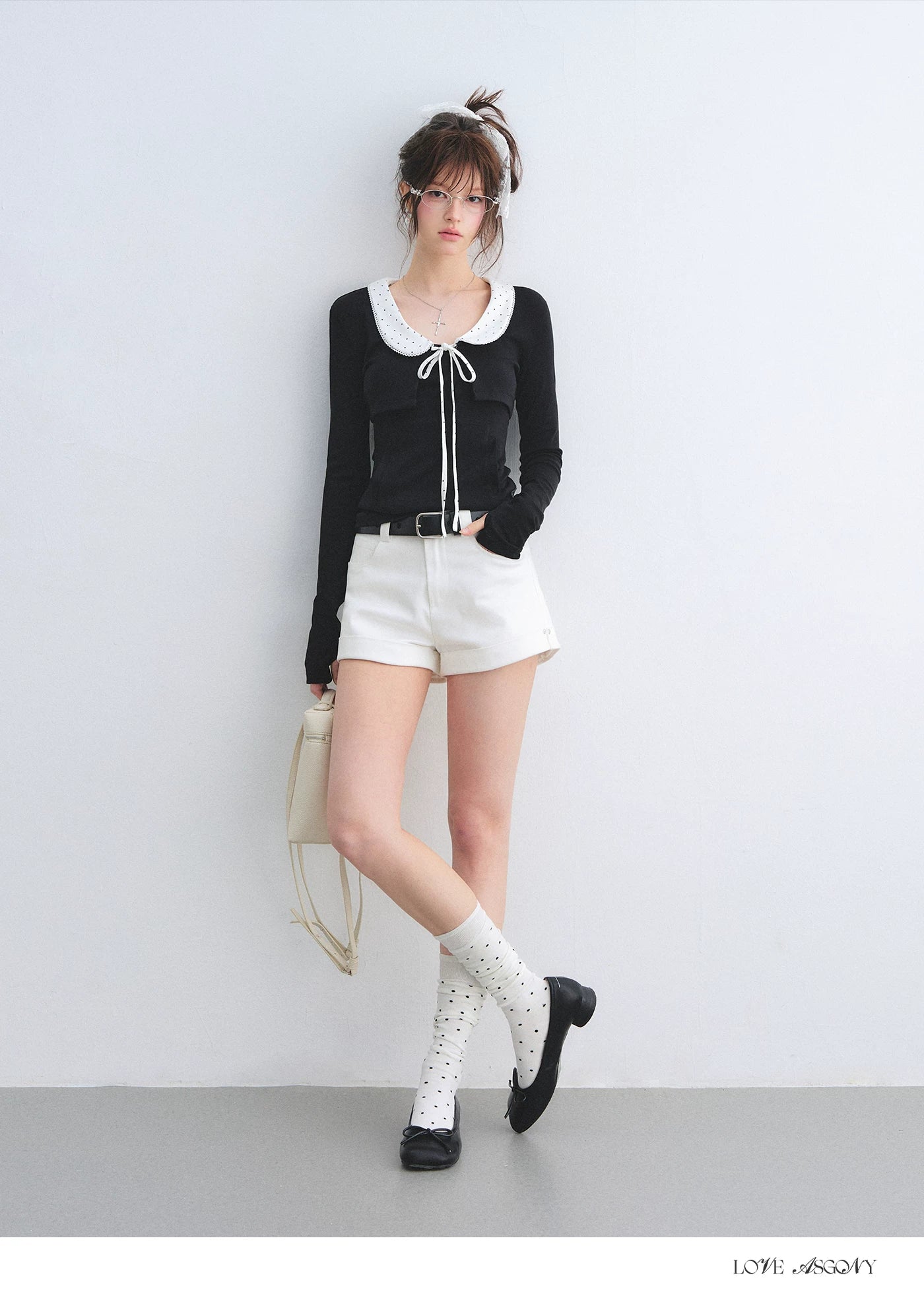 Polka Dot Lace Collar Long Sleeve Cardigan &amp; Cami Two-Piece Set