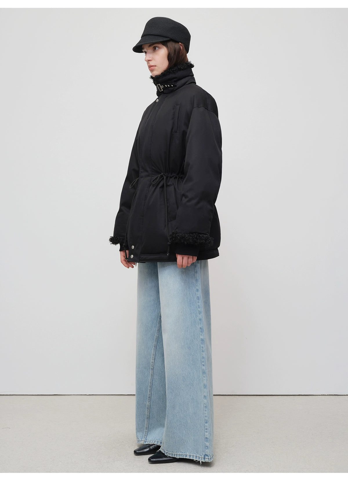 Black Longline Fleece Collar Windbreaker