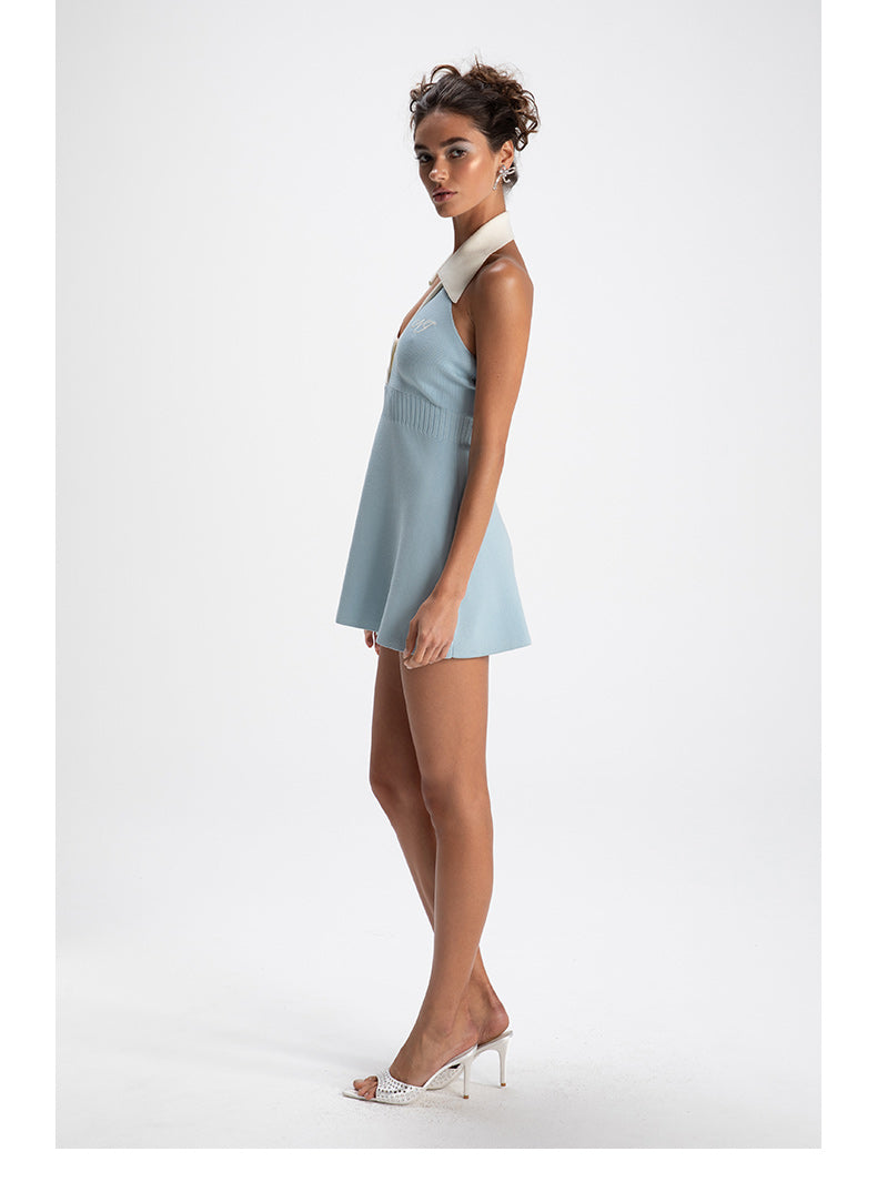 Blue Knitted Halter Mini Dress - CHINASQUAD