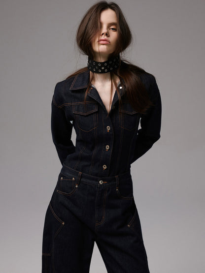 Raw Denim Wide-Shoulder Waist-Cinching Jacket Set - CHINASQUAD