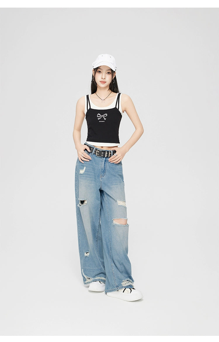 Blue Perforated Jeans Wide-leg Pants - CHINASQUAD