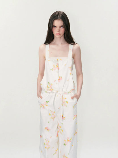Vintage Soft-Blur Floral Backless Strap Jumpsuit