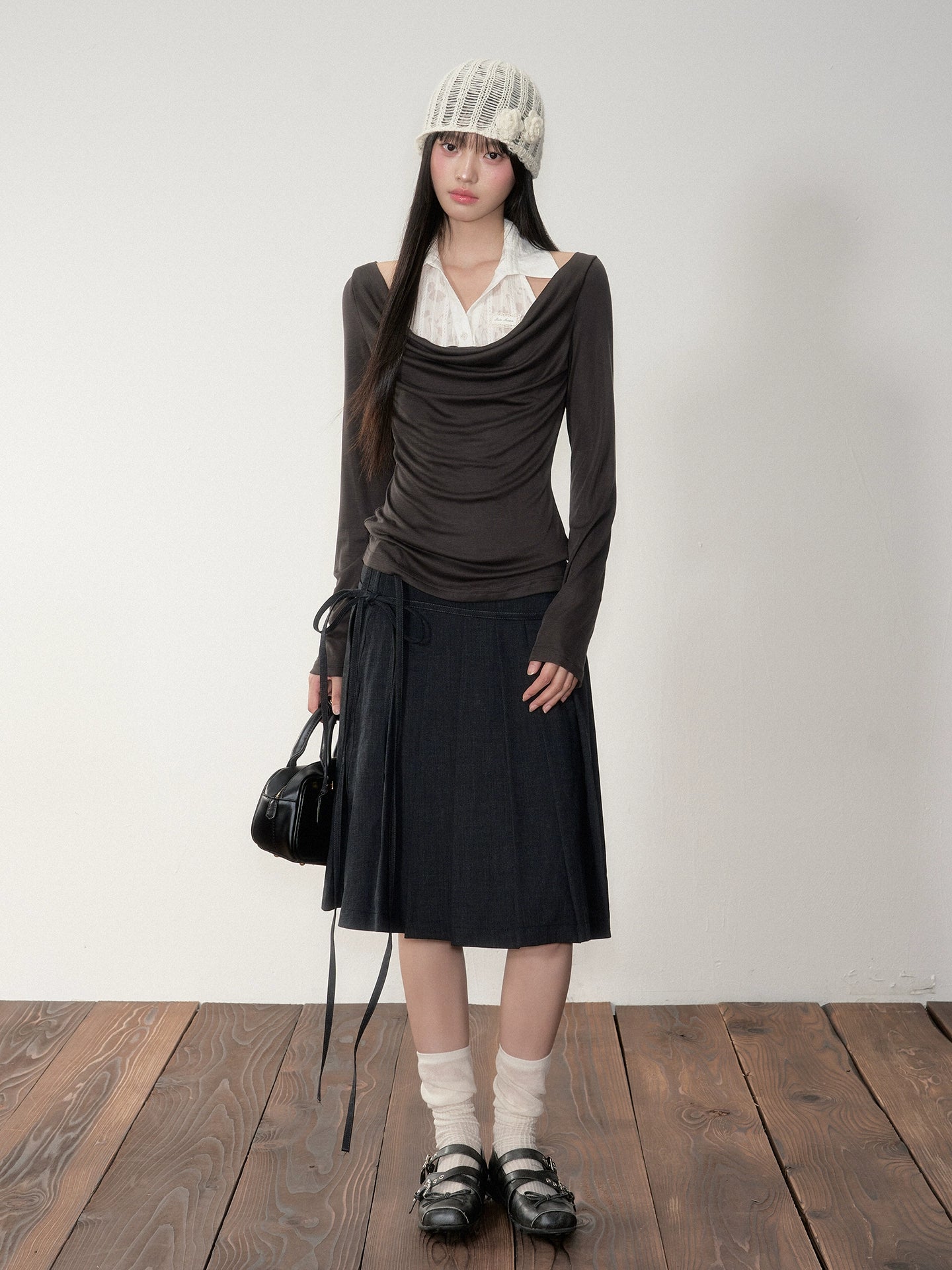 Fake Two-Piece Draped Neck Knit Top - CHINASQUAD