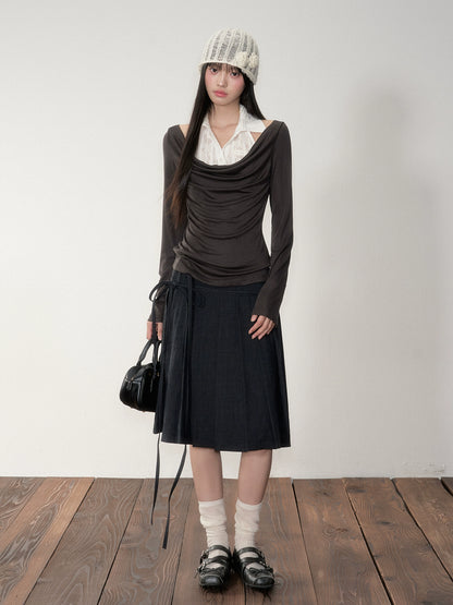 Fake Two-Piece Draped Neck Knit Top - CHINASQUAD