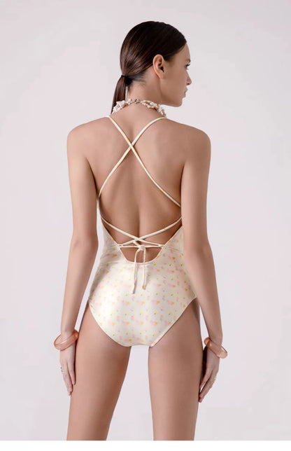 Ruffle-trimmed Floral Backless One-piece Swimsuit