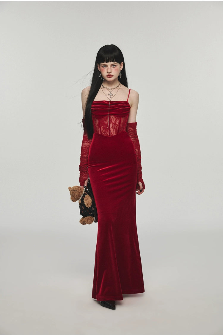 (Final Sale) Mermaid Strap Long Velvet Bodycon Dress - CHINASQUAD