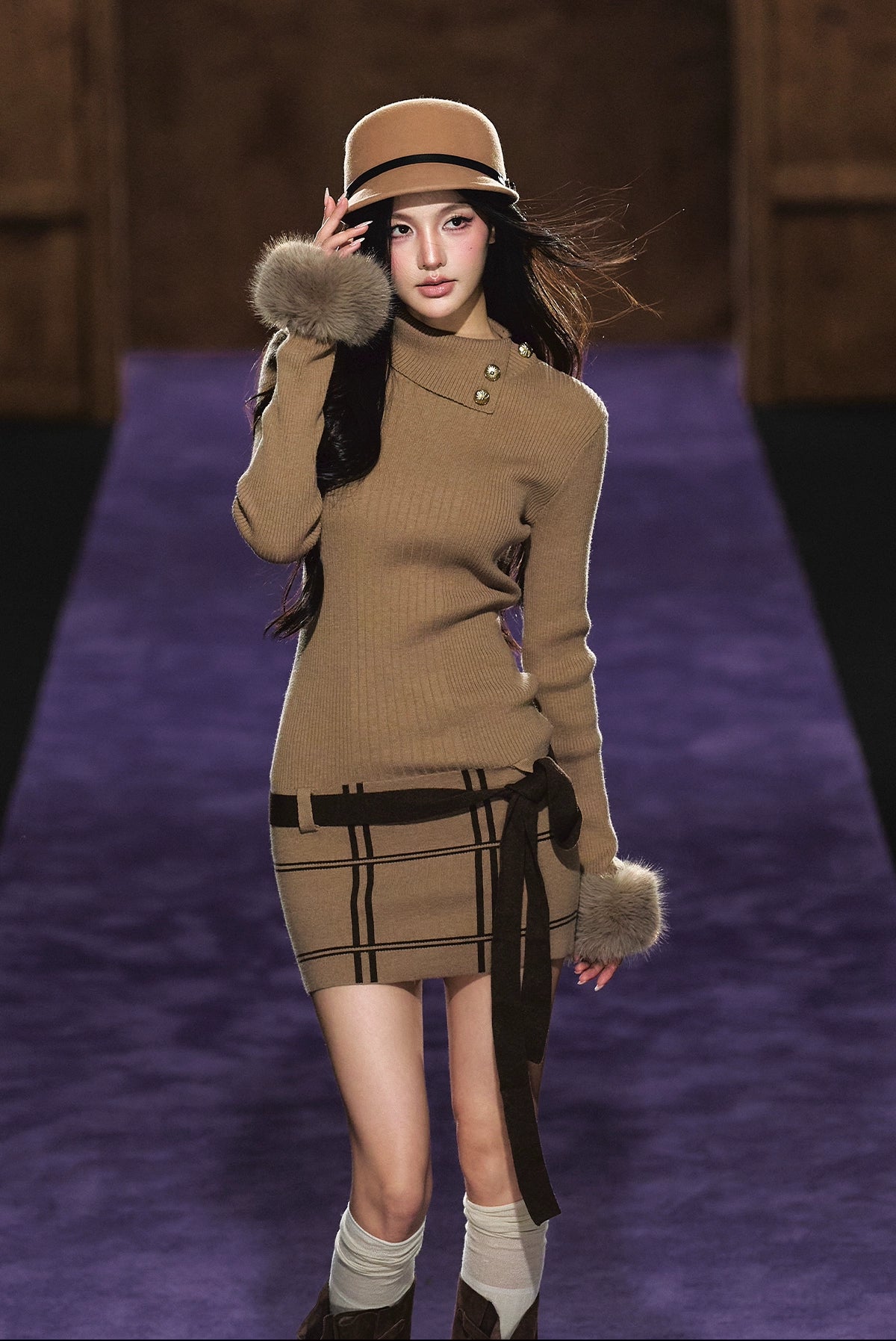 Faux Fur Cuff High-Neck Knit Dress