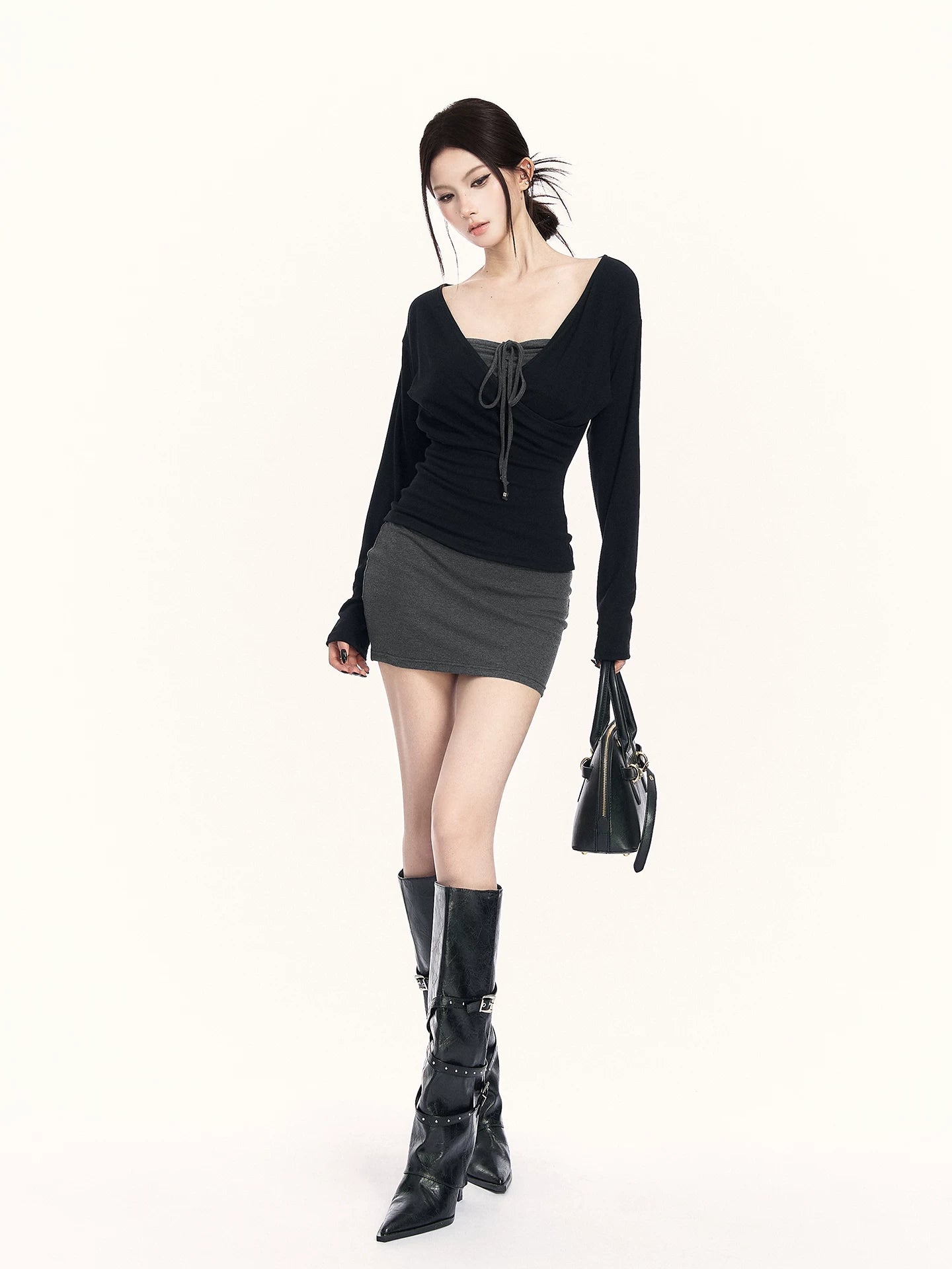 Contrast V-Neck Knit Top &amp; Bodycon Dress Set