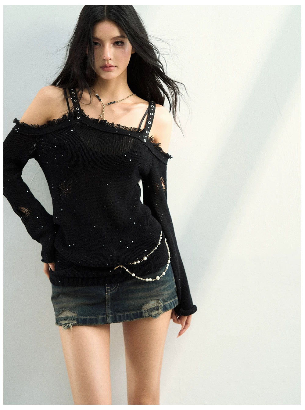 Distressed Off-Shoulder Knit Top
