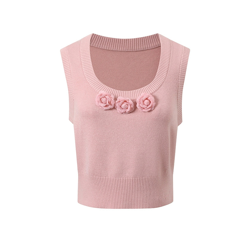 Pink &amp; Gray Floral U-neck Vest Knitted Sweater