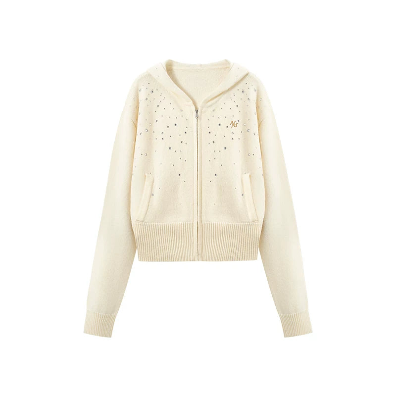 Stardust Gradient Rhinestone Hooded Knit Cardigan