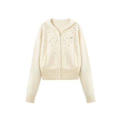 Stardust Gradient Rhinestone Hooded Knit Cardigan