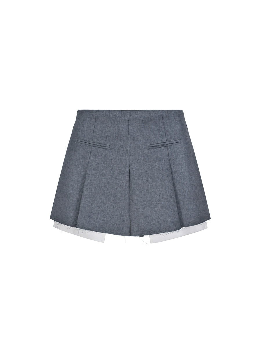 (Final Sale) Gray Pleated Frayed Hem Tailored Skort