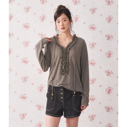 Ruffle Drawstring Sheer Knit Sun-Protective Long Sleeve Top