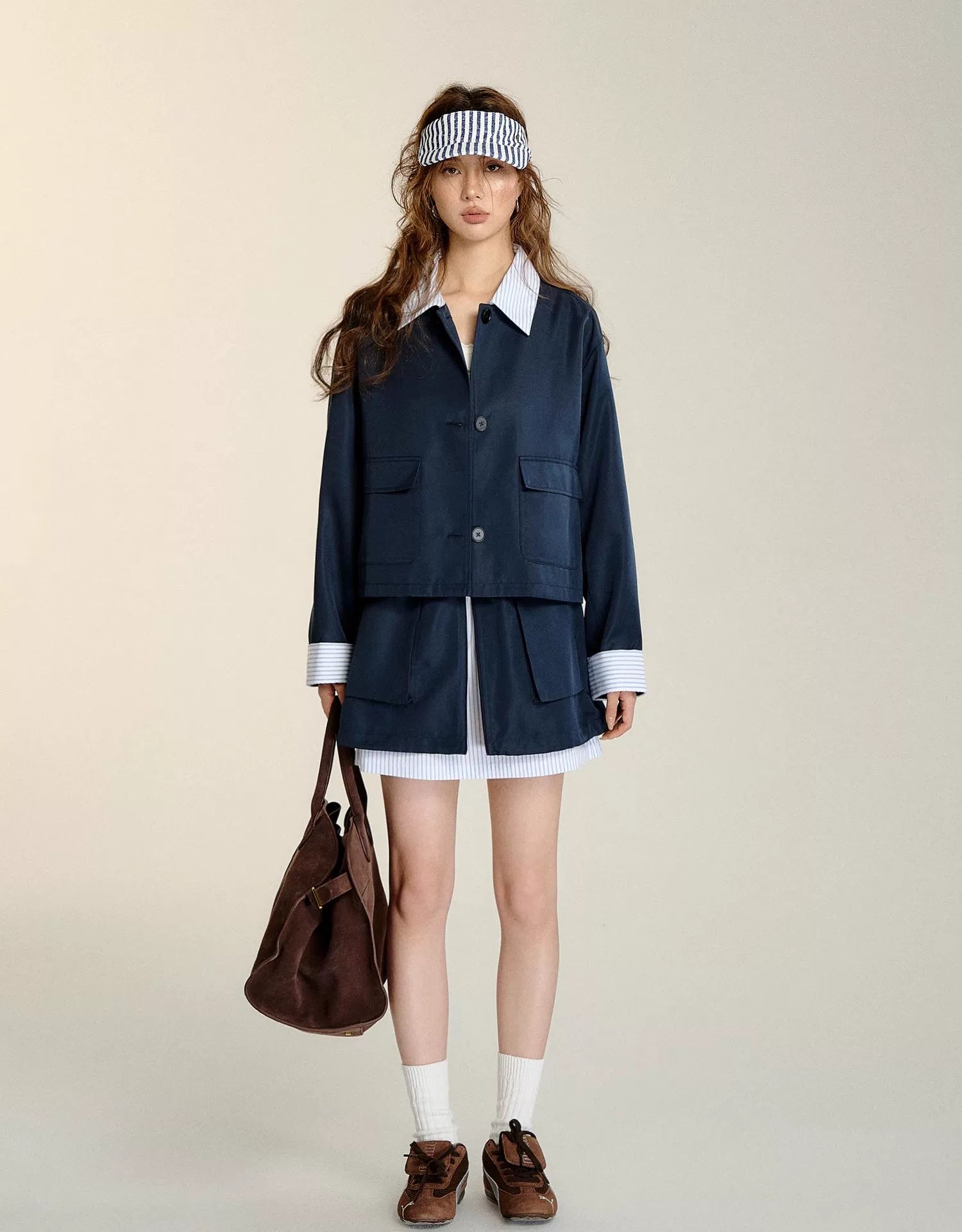 Navy Blue Faux Two-piece Striped Jacket &amp; Skirt