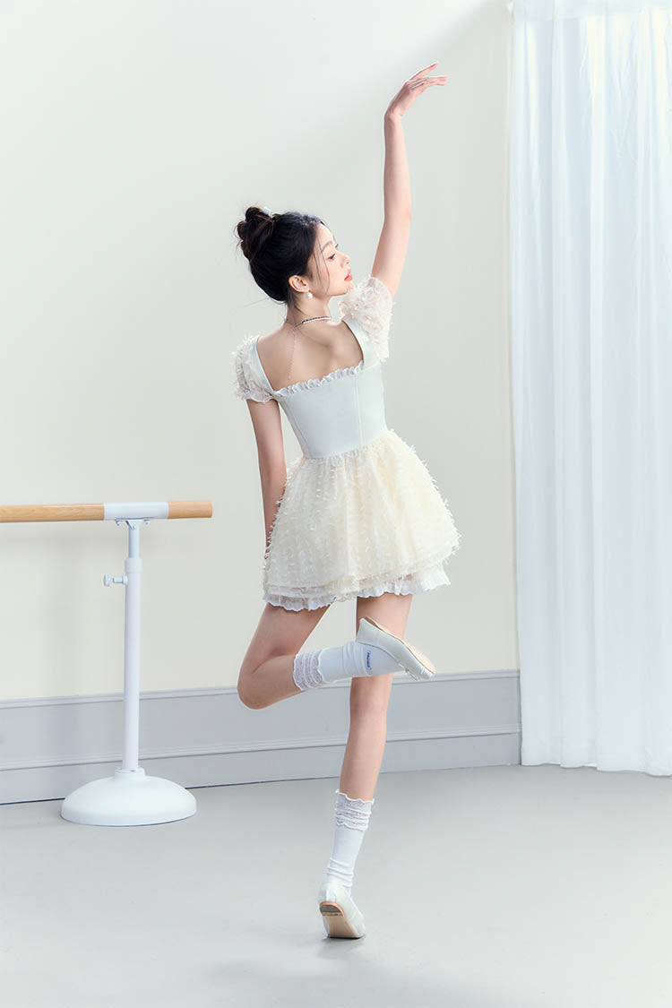 Ballet White Puffy High Waist Mini Dress - CHINASQUAD