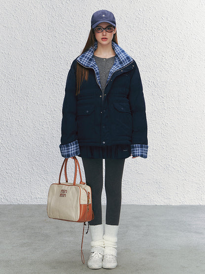 Color-block Plaid Spliced Cotton Jacket