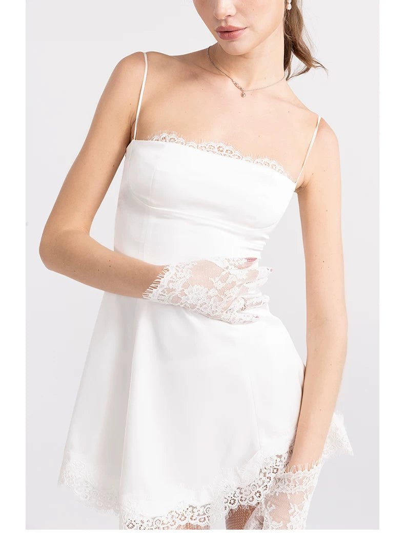 Lace-Trim Satin Fit-and-Flare Mini Dress