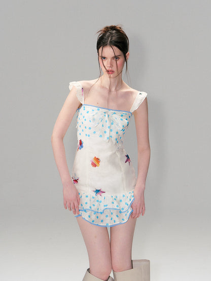 Vintage Contrast Print Flutter Strap Mini Dress