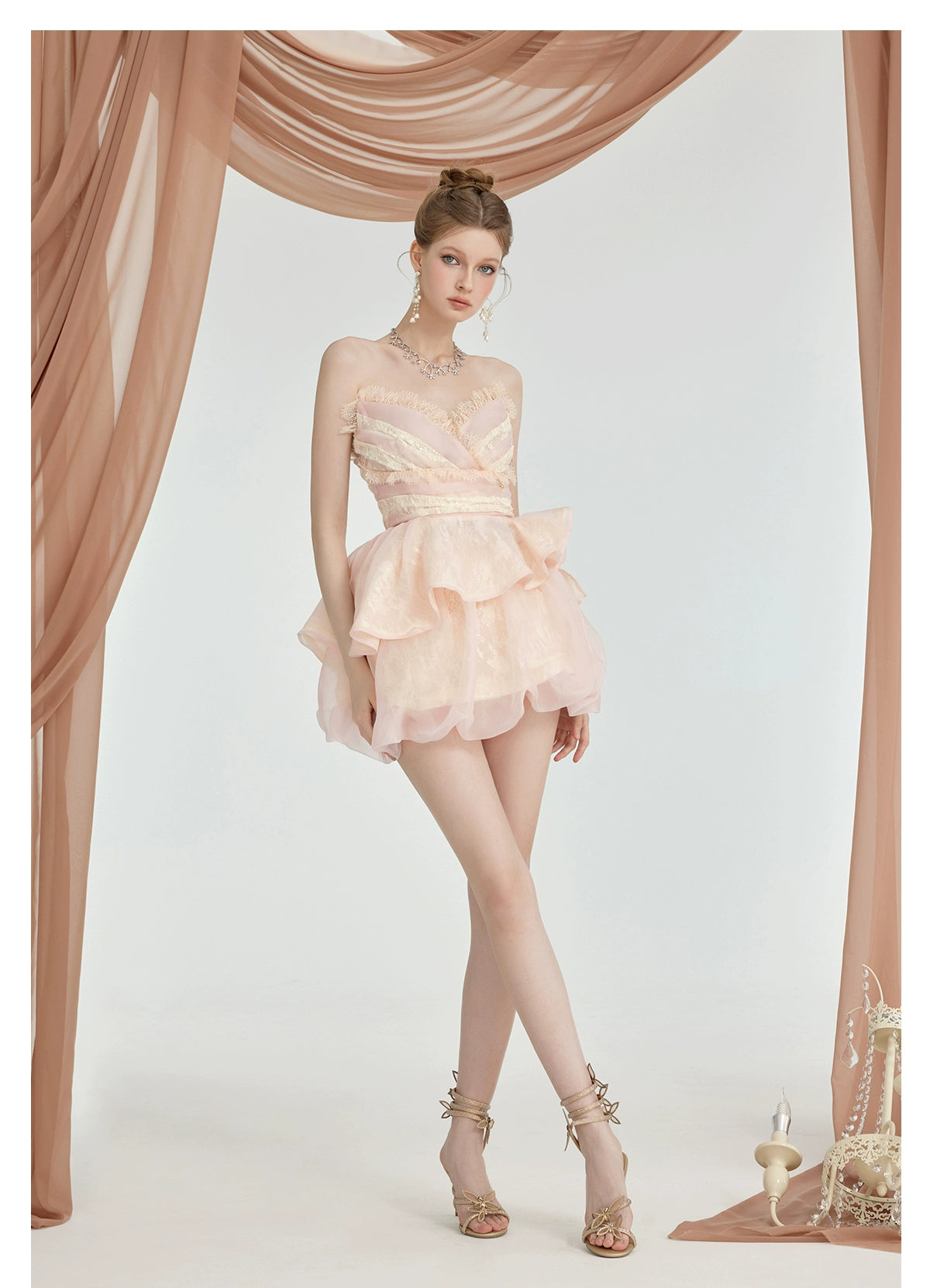 Apricot &amp; Blue Puff Ball Gown Bandeau Two-Piece Set