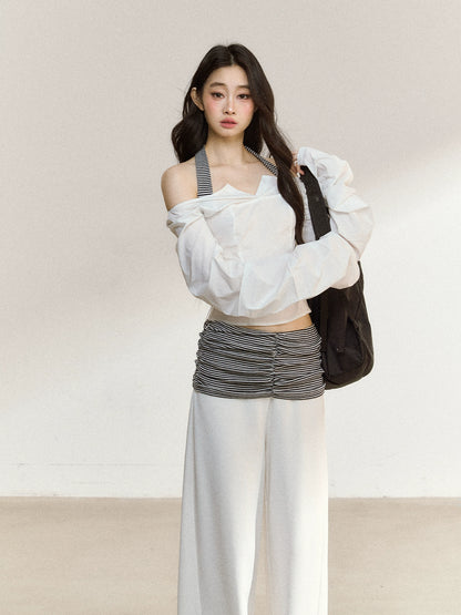 White V-Neck Off-Shoulder Cropped Blouse