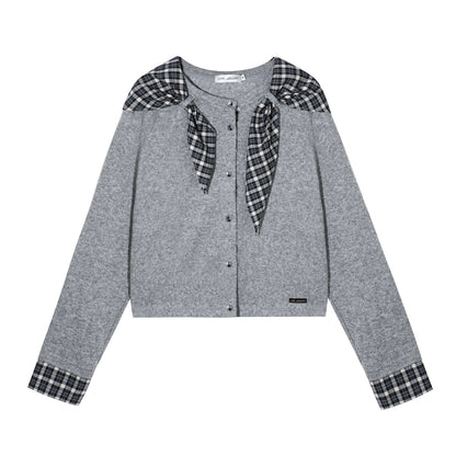 Wool-Blend Plaid Patchwork Knit Cardigan