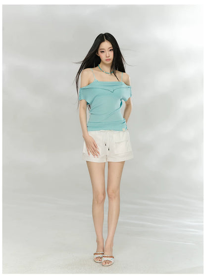 Folded Off-Shoulder Knit T-Shirt