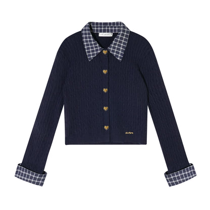 Wool Blend Plaid Patchwork Cable Knit Cardigan