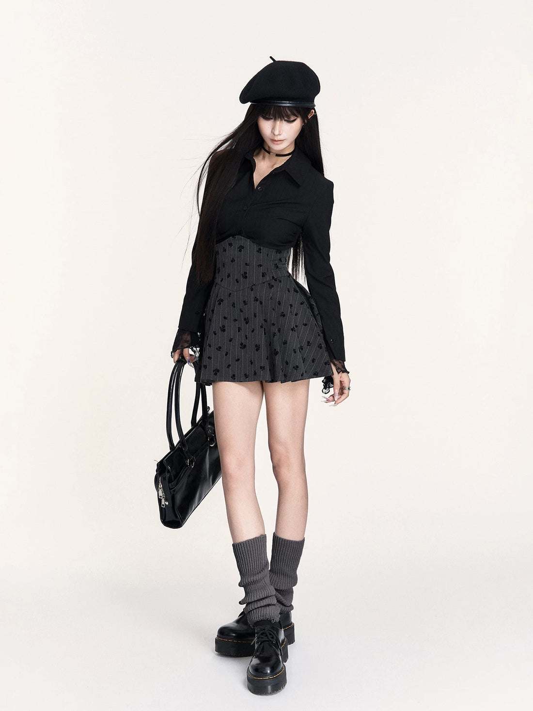 Striped Lace-Panel Waist-Defining Shirt