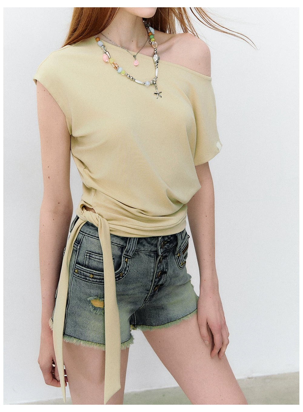 Asymmetric One-Shoulder Tie Detail Cutout Short Sleeve T-Shirt